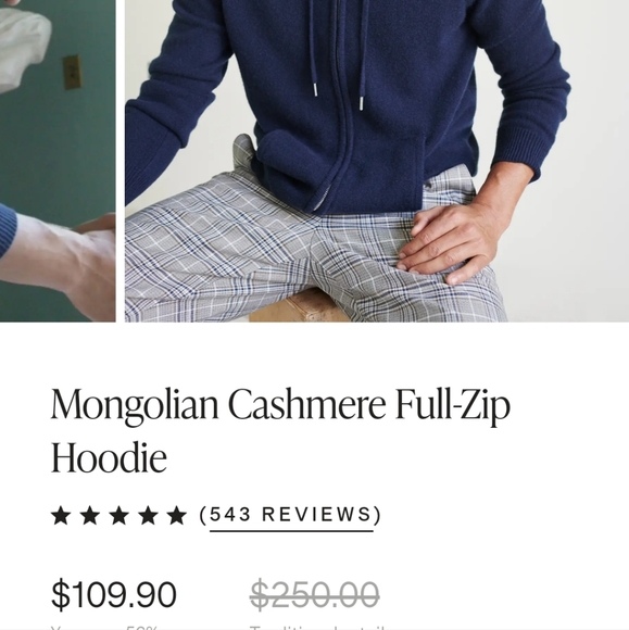 Quince Men's Mongolian Cashmere Full Zip Hoodie Jacket NAVY - Picture 4 of 10